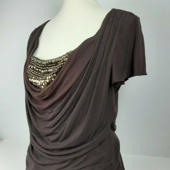 Vintage ALYX Brown Studded Sequin Stretchy Drape Neck Blouse Top XL - Picture 2 of 8